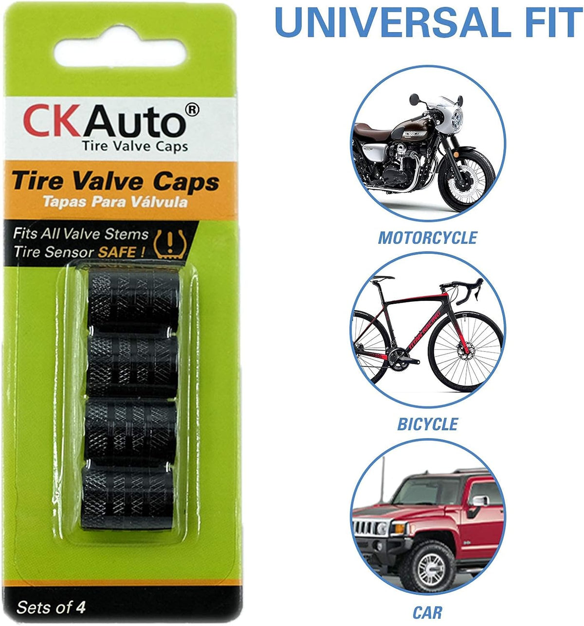 CKAuto Tire Valve Stem Caps, Black, 4 pcs/Pack, Anodized Aluminum Tire Valve Cap Set, Corrosion Resistant, Universal Stem Covers for Cars Trucks