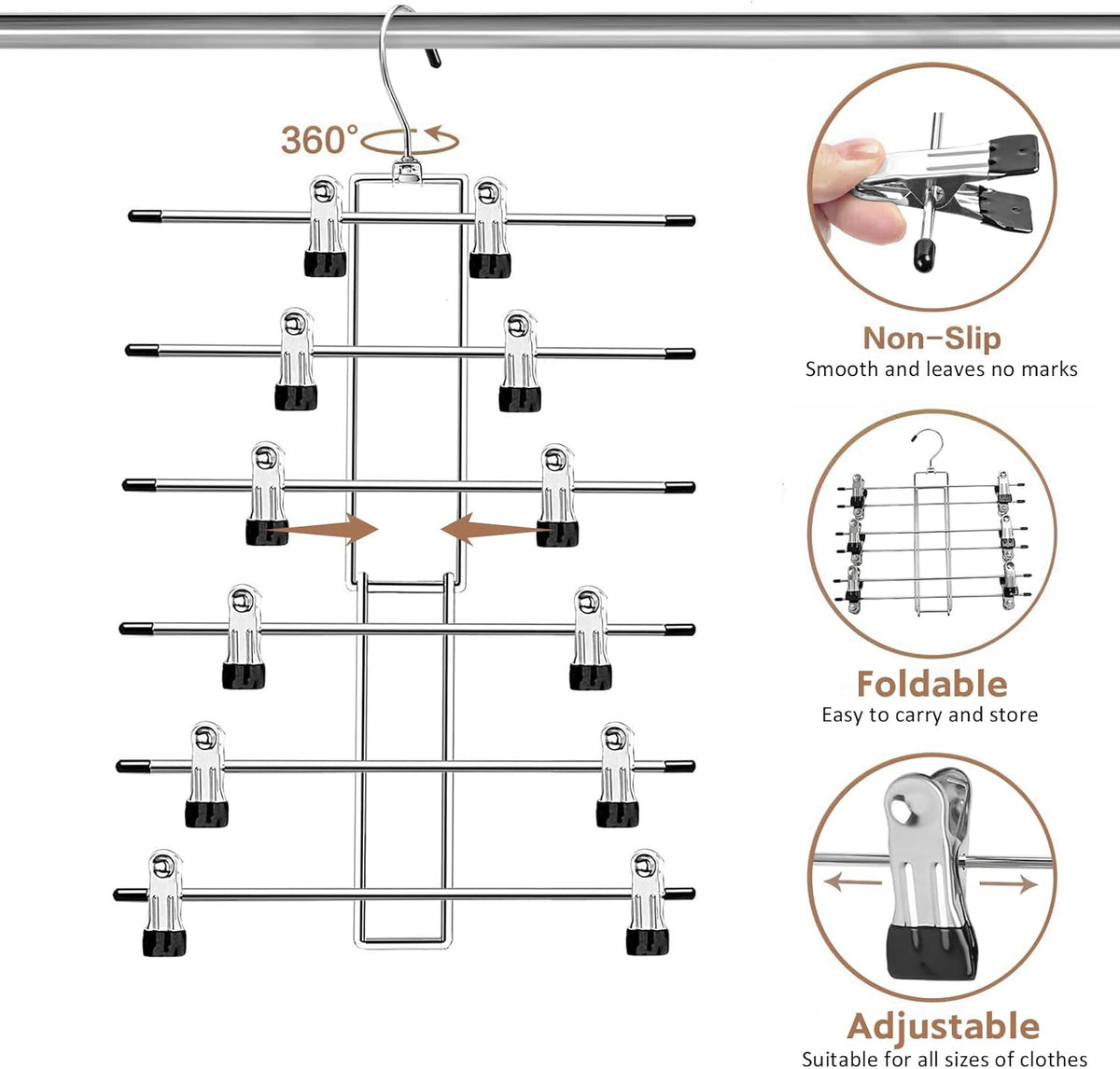 Pants Hangers with Clips,Space Saving Hanging Closet Organizer-6 Tiers Skirt Hangers with 360° Swivel Hook,Closet Organizer-Clothes Hangers- College