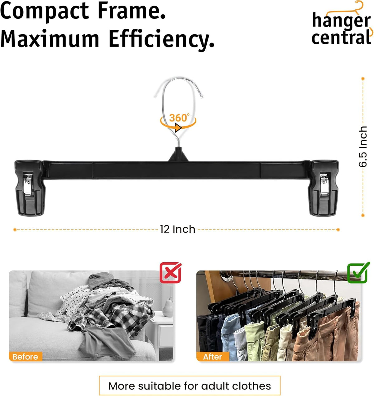 Hanger Central 30 Pack Pants Hangers – 12 Inch Slim Plastic Clothes Hangers with Clips for Skirts, Shorts & Trousers – Non Slip Grip, Heavy Duty