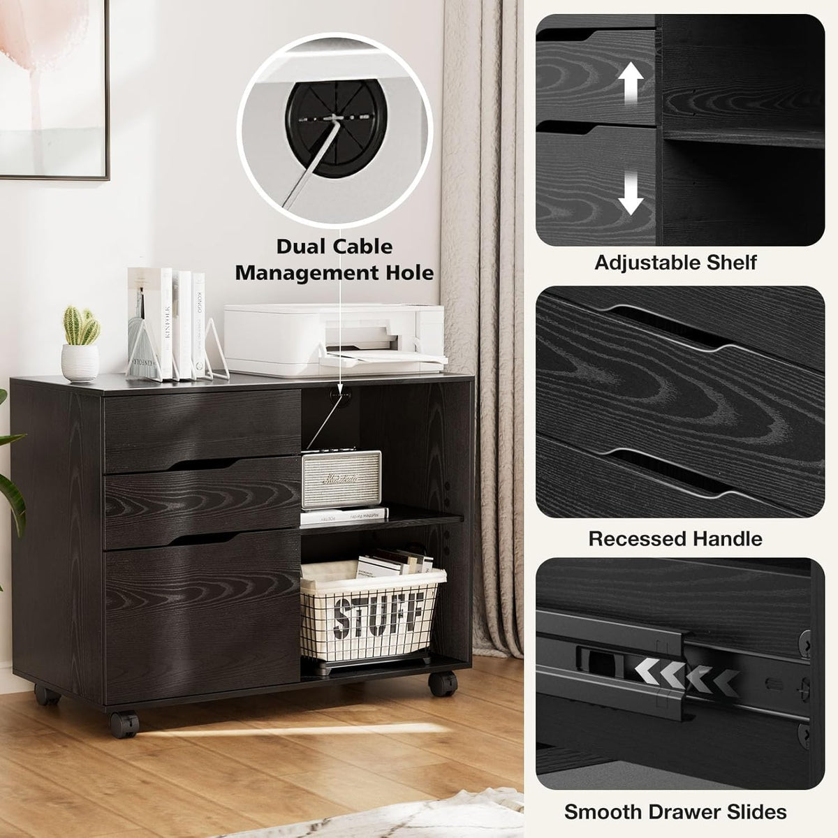 DUMOS Lateral File Cabinet with 3 Drawers Rolling Filing Cabinets Under Desk Storage Printer Stand Wood Organizer with Wheels Adjustable Shelf