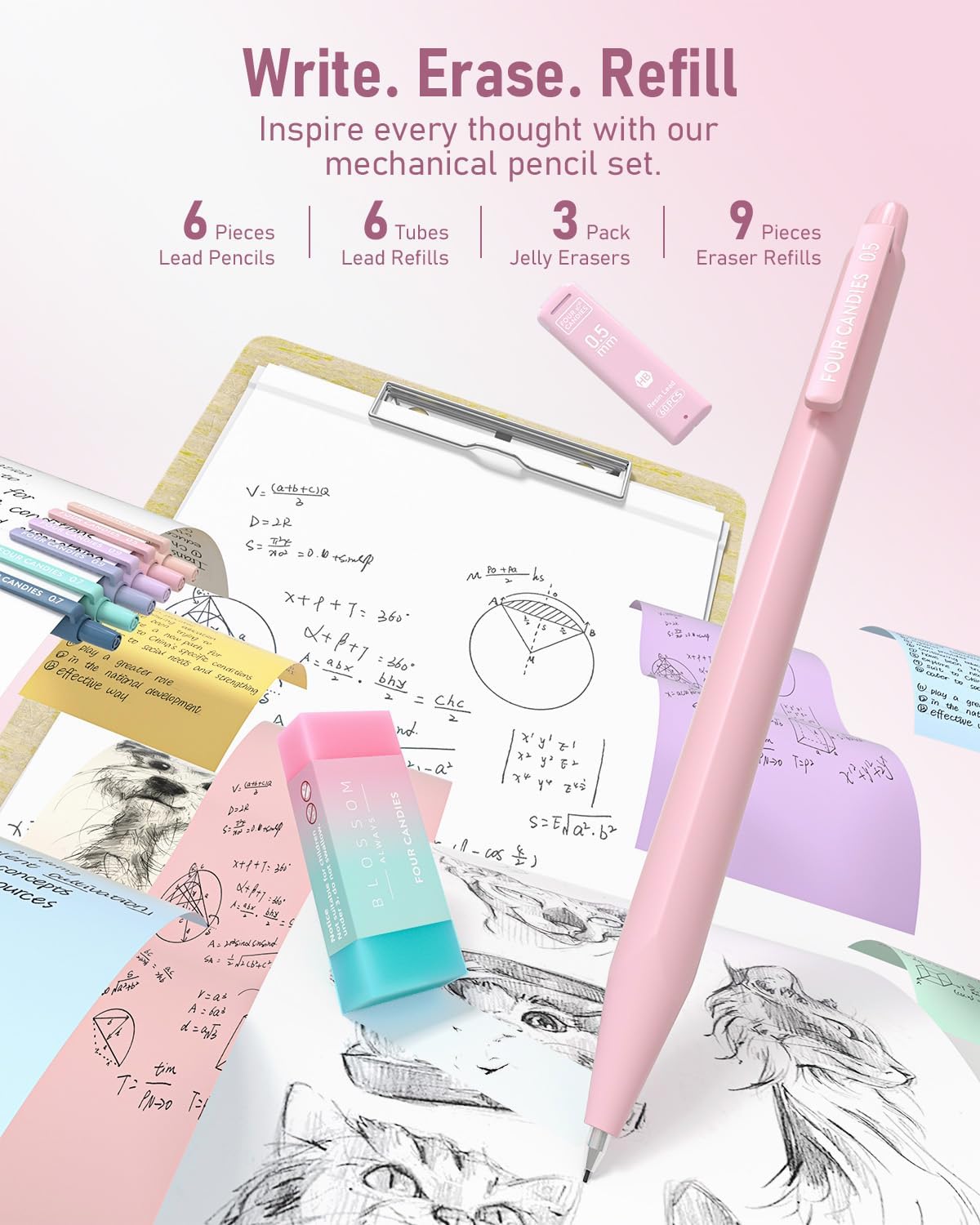 Four Candies 39 PCS Aesthetic School Supplies with Cute Pen Case, 12 Pastel Highlighters, 5 Black Ink Gel Pens, 6 Mechanical Pencils Set for Students