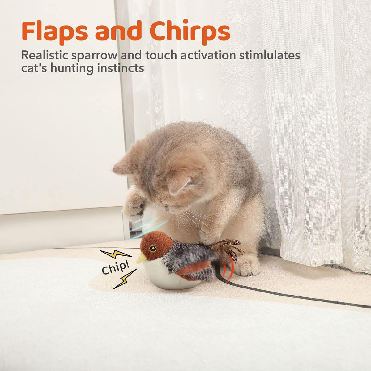 Potaroma Cat Toys Rechargeable Flapping Bird Sparrow, Lifelike Chirp Tweet, Touch Activated Kitten Toy Interactive Cat Exercise Toys for All Breeds