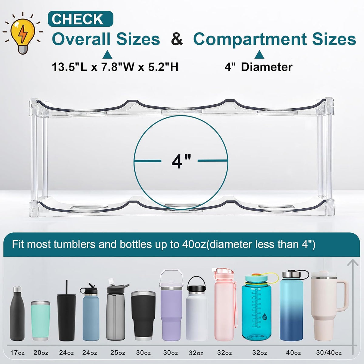 LARGER Compartment - Stackable Water Bottle Organizer Holder - for Stanley & Others' Large Tumbler - Clear Wine Rack, Cup Bottle Holder for Cabinet