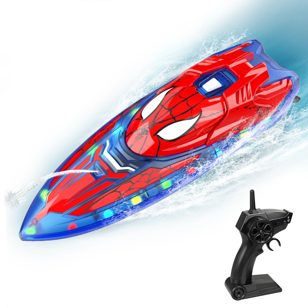 Spider Hero RC Boat, 2.4GHz Remote Control Boat with LED Lights for Kids, Pool Toy with 2 Rechargeable Batteries, Spray Function, and Low Battery