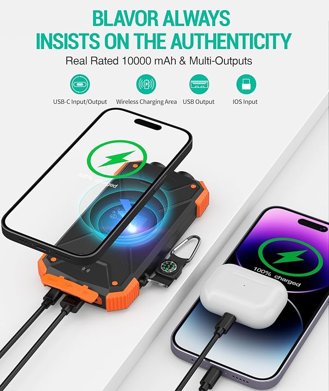 BLAVOR Solar Charger Power Bank 10,000mAh, Portable Wireless Charger, 20W Fast Charging External Battery Pack with USB C for Cell Phones, Solar Panel