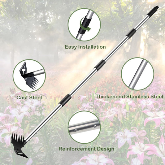 Weed Puller Tool with Long Handle - 60" Manual Weeder Remover Tool, 2 in 1 Hand Weed Rake and Garden Hoe for Gardening, Heavy Duty Uprooting Weeding