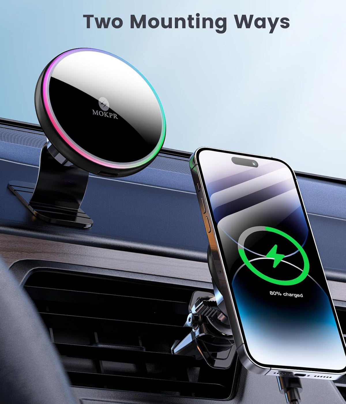 MOKPR for Magsafe Car Mount Charger-15W Wireless Car Charger-Magnetic Car Phone Holder for Dash Air Vent-LED RGB HandsFree Car Mount Fast Car Charger