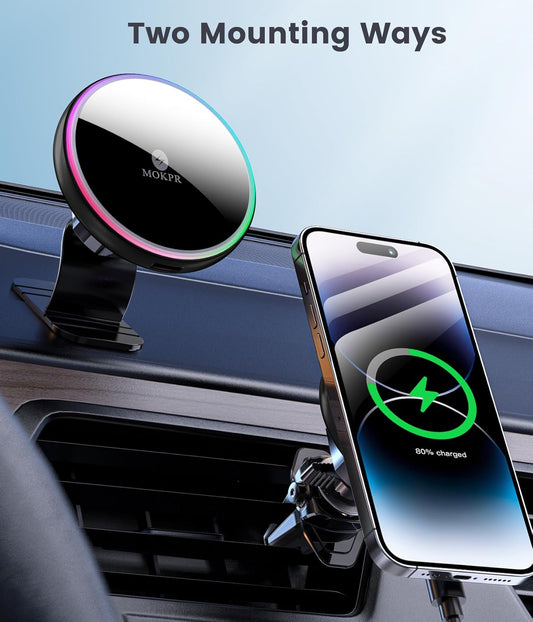 MOKPR for Magsafe Car Mount Charger-15W Wireless Car Charger-Magnetic Car Phone Holder for Dash Air Vent-LED RGB HandsFree Car Mount Fast Car Charger