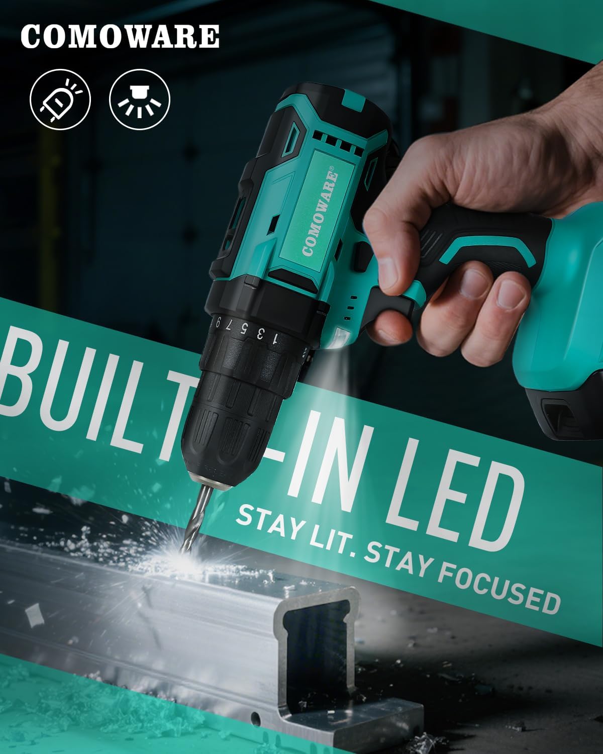 COMOWARE 20V Cordless Drill, Electric Power Drill Set with 1 Battery & Charger, 3/8” Keyless Chuck, 2 Variable Speed, 266 In-lb Torque, 25+1 Position