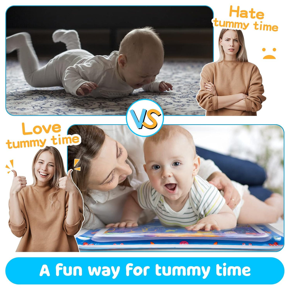 Comparison of a baby lying on its tummy and a baby being held by a woman with text 'Hate tummy time' vs 'Love tummy time'.