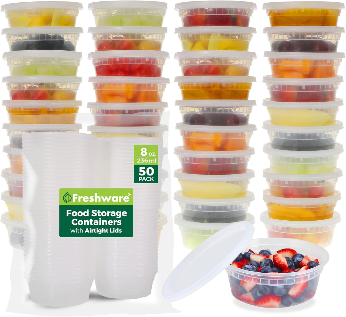 Freshware Food Storage Containers [50 Set] 8 oz Plastic Deli Containers with Lids, Slime, Soup, Meal Prep Containers | BPA Free | Stackable