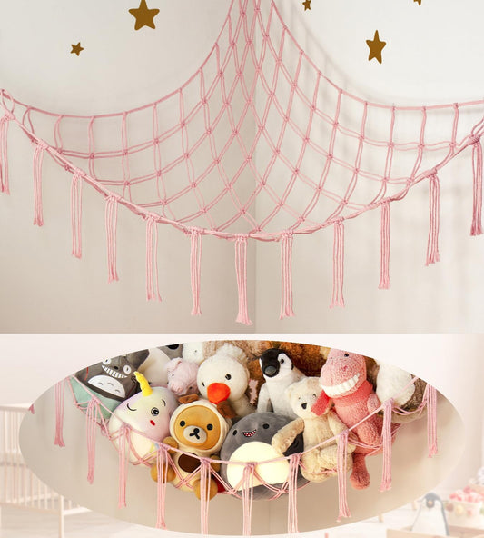Stuffed Animal Storage Hammock Corner Net - Pink Room Decor for Teen Girls - Toys Storage Hanging Stuff Animal Organizer Holder Cute Stuff - Boho