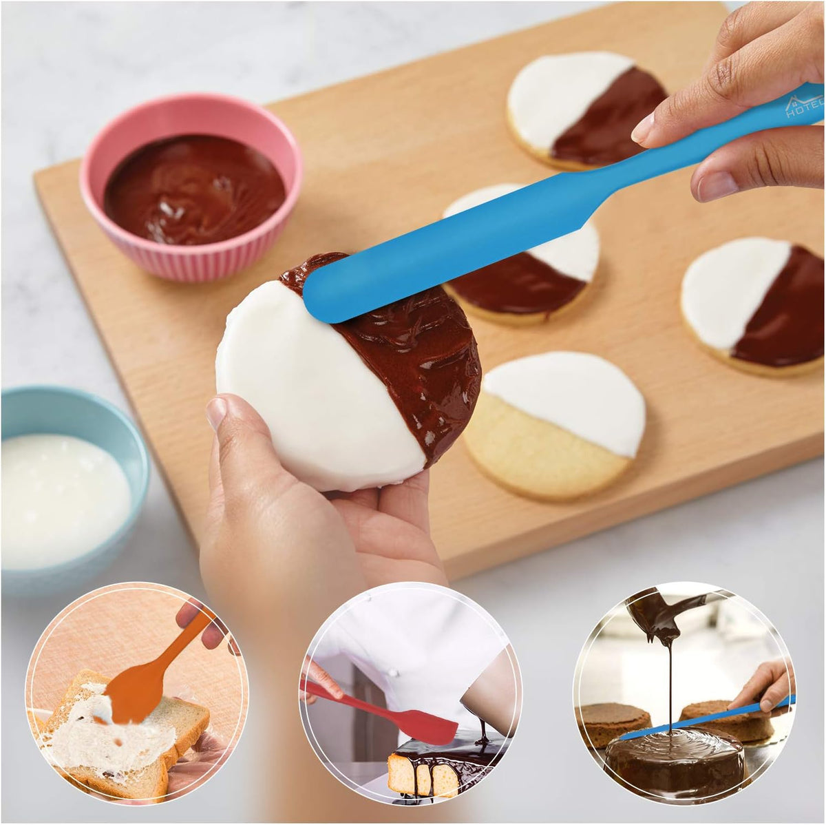 HOTEC Heat Resistant 600℉ Food Grade Silicone Rubber Spatula Set for Baking, Cooking, and Mixing Non Stick Dishwasher Safe BPA-Free Multicolor Set of
