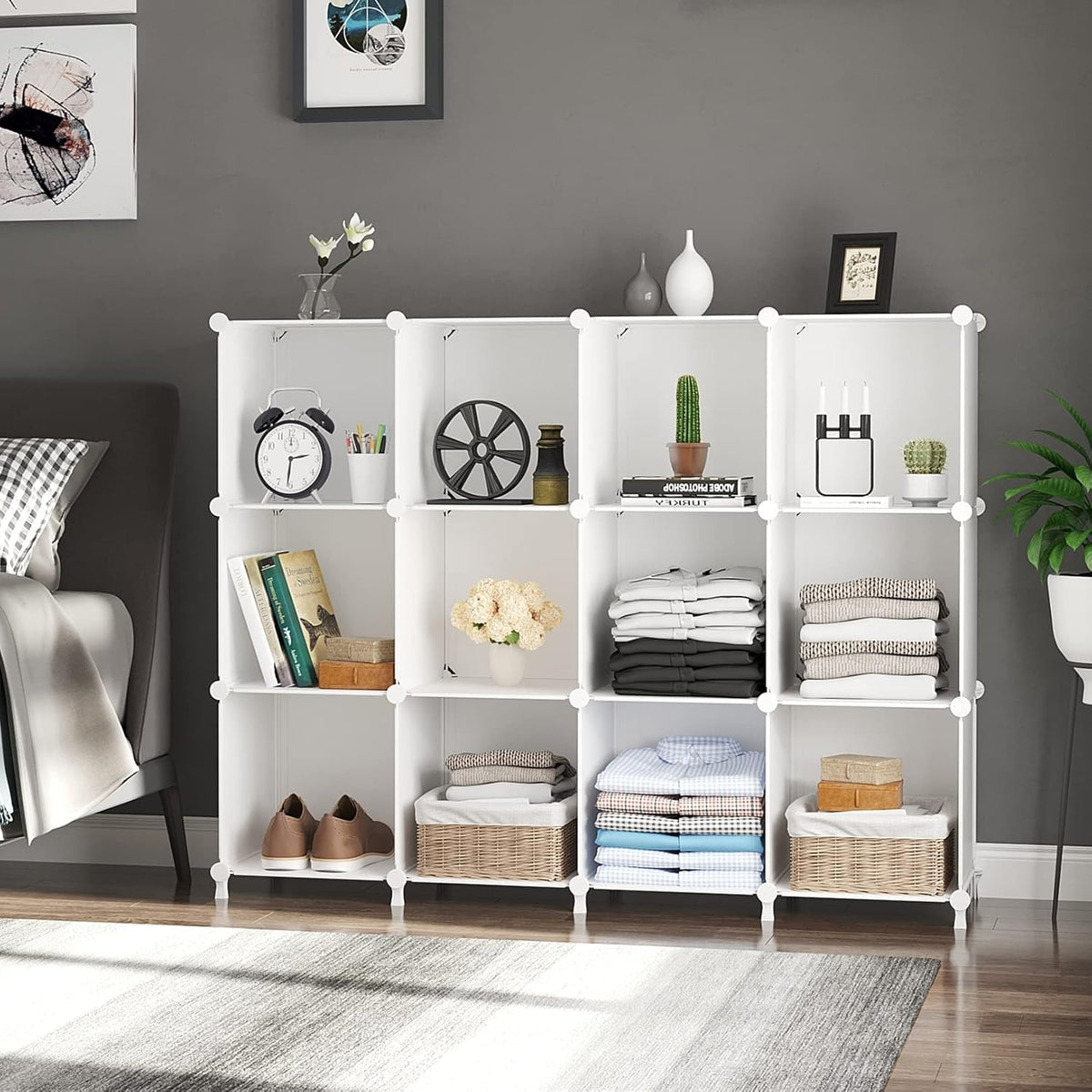 AWTATOS Cube Storage Organizer Storage 12 Cube Bookshelf DIY Plastic Closet Clothes Storage Shelves with Wooden Mallet, Stackable Storage Solution