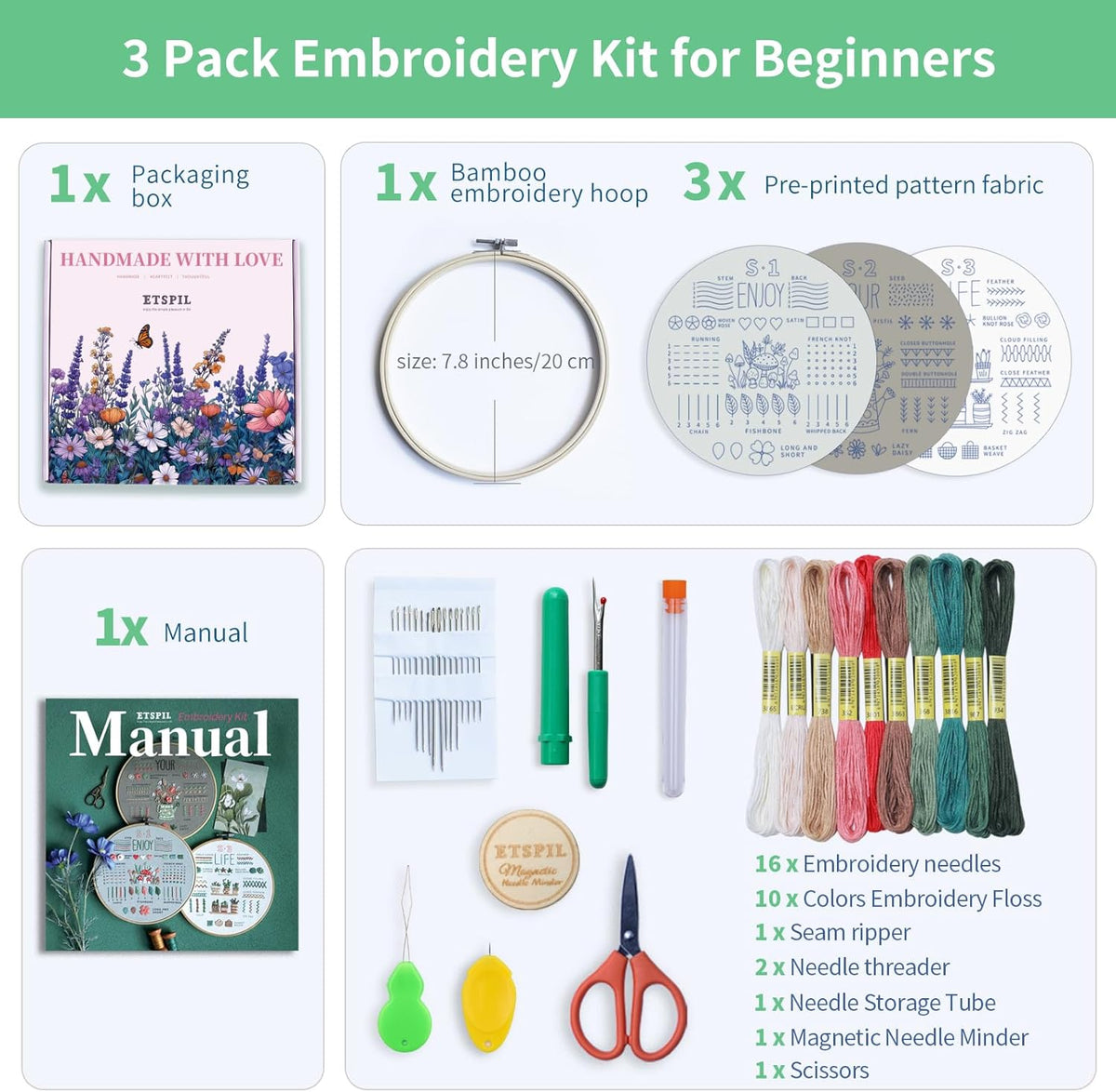 ETSPIL Embroidery Kit for Adult Beginners, 3-Pack 33-Stitch Practice Samplers, Pre-Stamped Patterns, 7.8-Inch Hoop, Threads & Needles, Step-by-Step