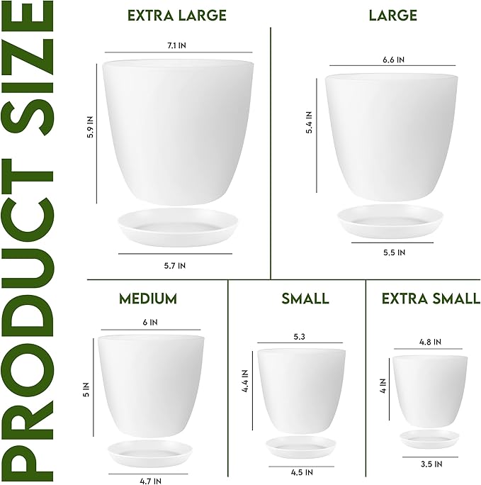 Utopia Home Plant Pots Indoor with Drainage Holes – Set of 5 White Plastic Flower Pots (7/6.6/6/5.3/4.8 Inch) – Modern Planters for Indoor Plants