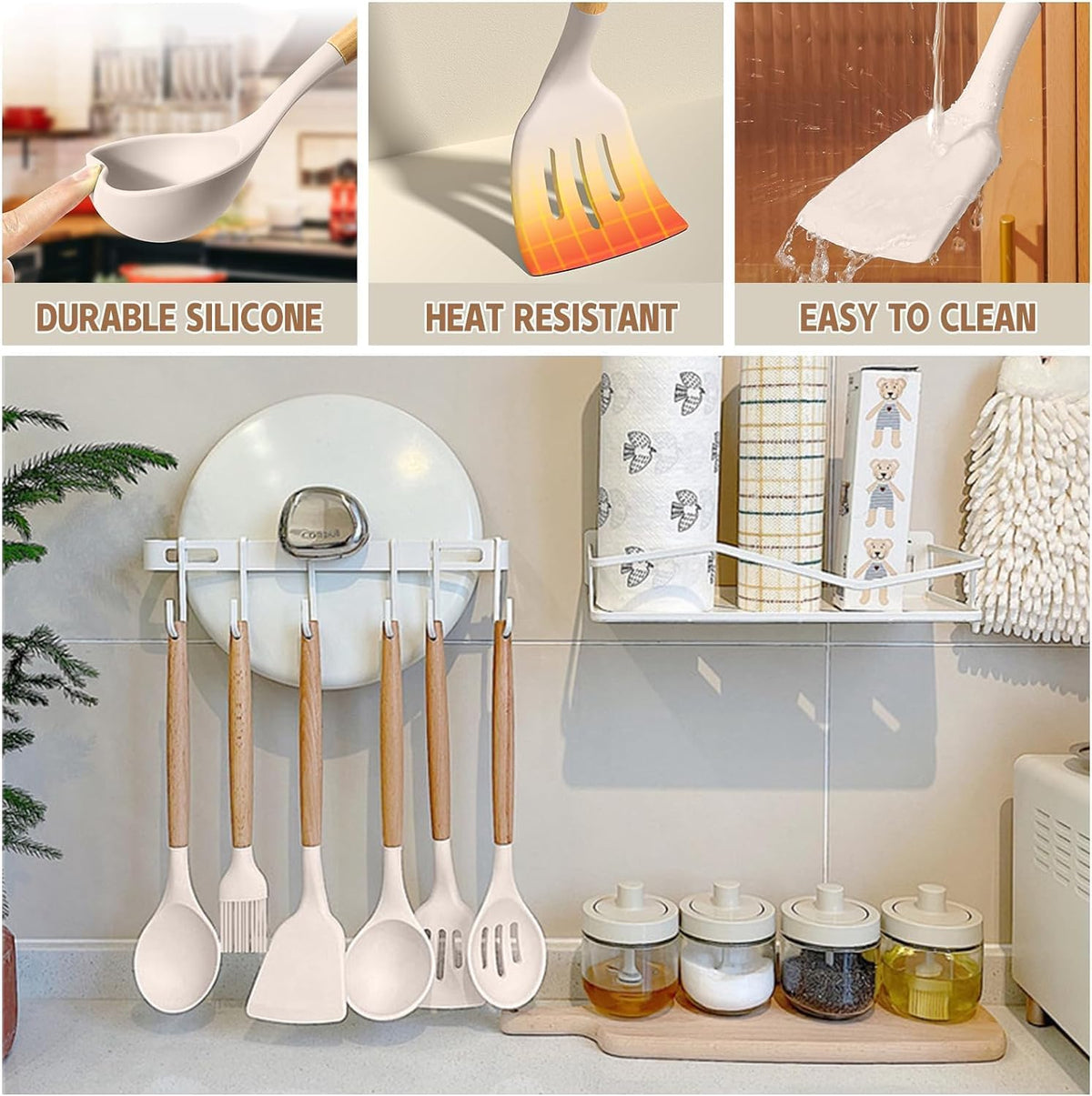 Umite Chef Kitchen Cooking Utensils Set, 33 pcs Non-Stick Silicone Cooking Kitchen Utensils Spatula Set with Holder, Wooden Handle Silicone Kitchen