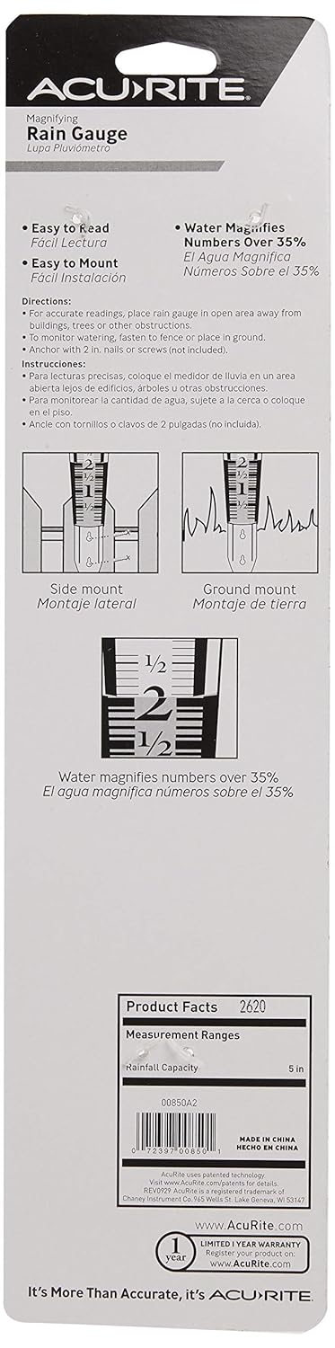 AcuRite 5" Capacity Easy-to-Read Magnifying Rain Gauge, Acrylic (00850A3)