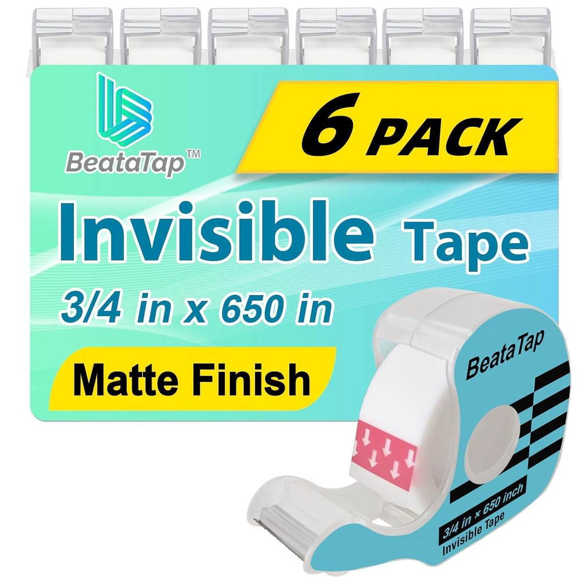 Tape, Invisible Tape for Gift Wrapping, 6 Rolls+6 Refillable Dispensers, Matte Finish, Writable, 3/4″x 650″, Clear Tapes for Christmas Wrapping