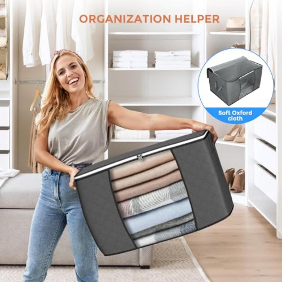 90 L Large Storage Bags, 6 Pack Clothes Storage Bins Foldable Closet Organizers Storage Containers with Reinforced Handle for Clothing, Blanket