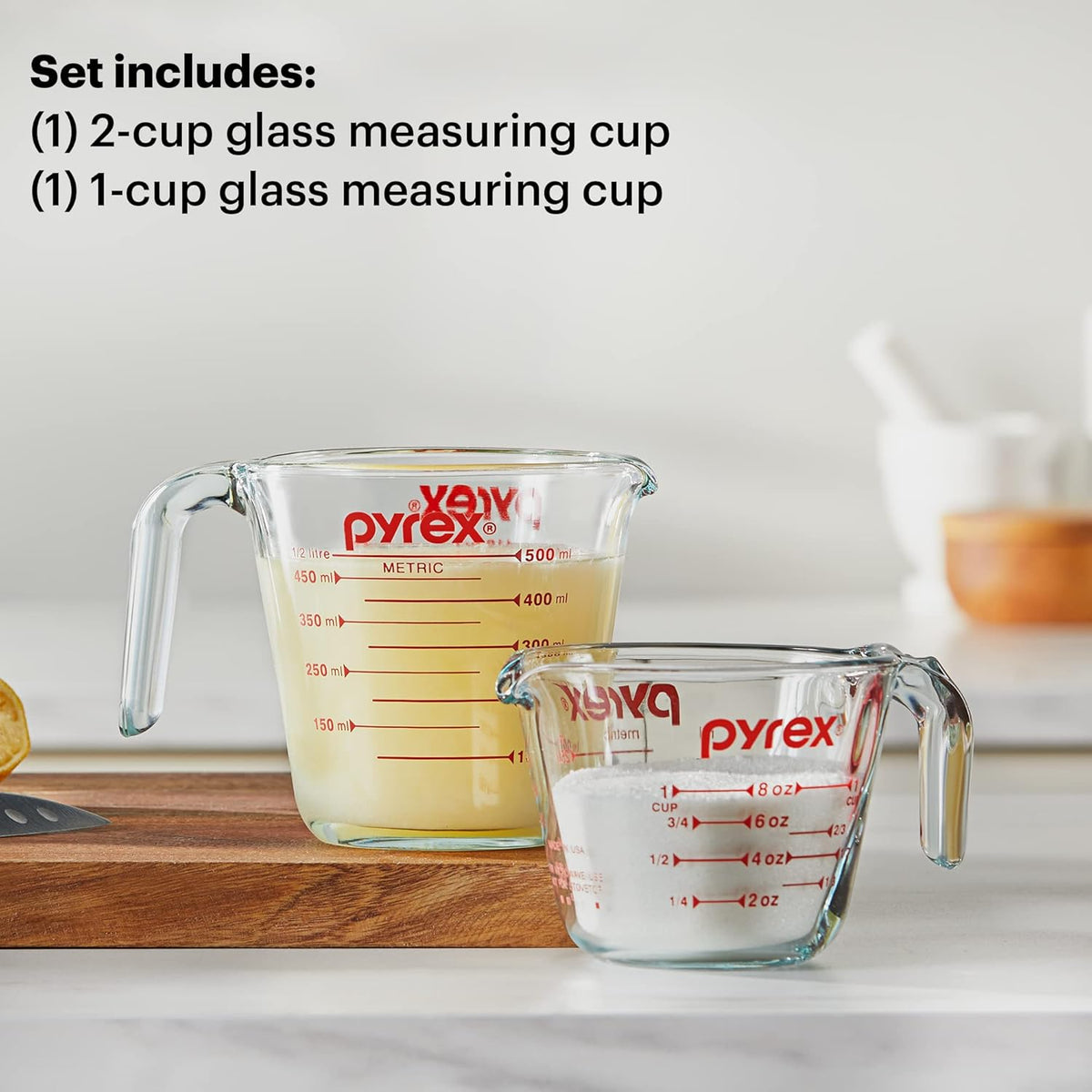 Pyrex Essentials (2-Pack) Glass Measuring Cups Set, (1 & 2 Cup) Measuring Cups For Prepping, Baking and Cooking, Preheated Oven, Dishwasher, Freezer