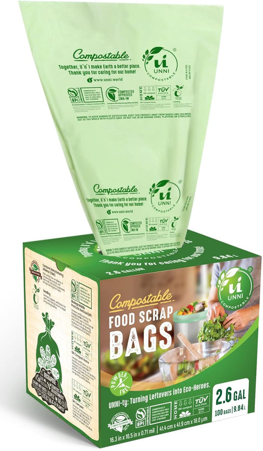 UNNI Compostable Trash Bags, 2.6 Gallon / 9.84 Liter, 100 Count, Extra Thick 0.71 Mil Small Kitchen Food Scrap Bin Liners, Certified by BPI, CMA & OK