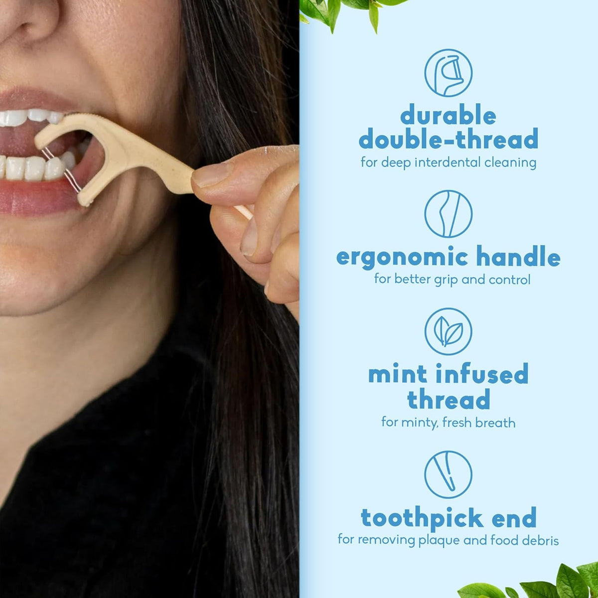 The Humble Co Dental Floss Picks for Teeth, 200 Count (Mint) - Double Thread Tooth Picks Flossers for Adults Gum Health - Toothpick Floss for