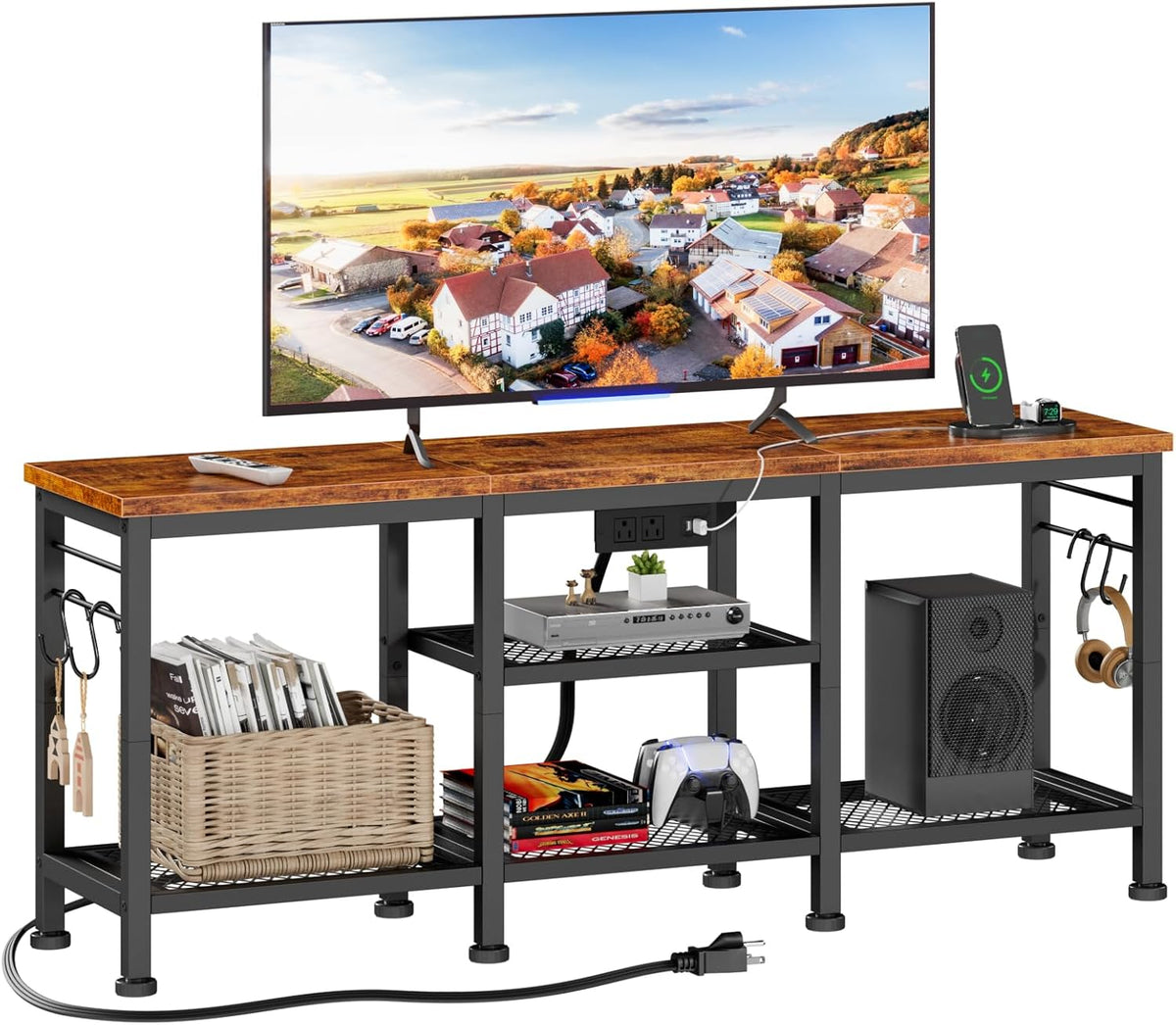 Furologee TV Stand with Power Outlets, Entertainment Center with Open Storage Shelves for TVs up to 55 Inch, Media Console Table with Soundbar Shelf