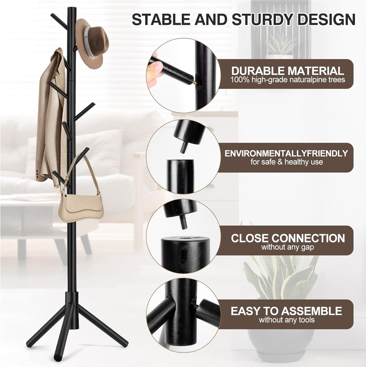 Coat Rack, Freestanding Coat Rack with 8 Hooks and 3 Adjustable Size Tree Coat Racks for Bedroom, Hallway, Entrance, Office, for Hats, Coats