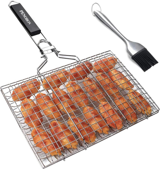 Fish Grilling Basket, Folding Portable Stainless Steel BBQ Grill Basket for Fish Vegetables Shrimp with Removable Handle, Come with Basting Brush and