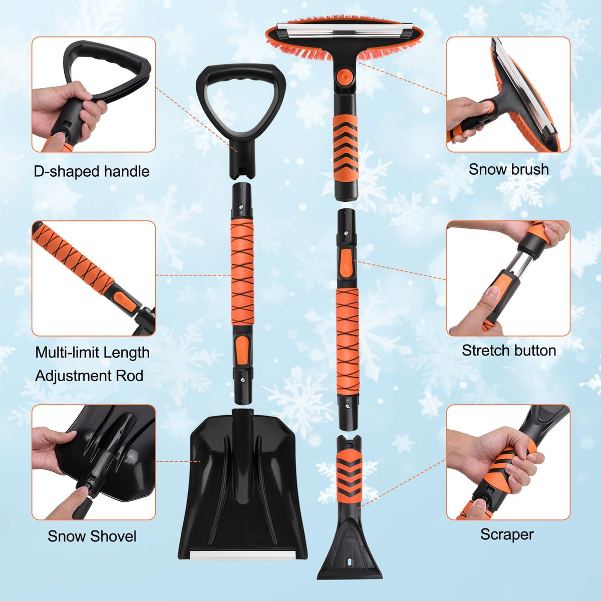 Car Snow Brush Snow Shovel Kit, 42'' Extendable Ice Scrapers and Snow Brushes for Car Windshield with Foam Grip 180° Pivoting Brush Head Snow