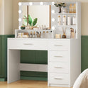 Quimoo Vanity Desk with Mirror & Lights, Makeup Vanity with 5 Drawers & Storage Shelves, White Vanity Table, 3 Color Modes & Adjustable Brightness