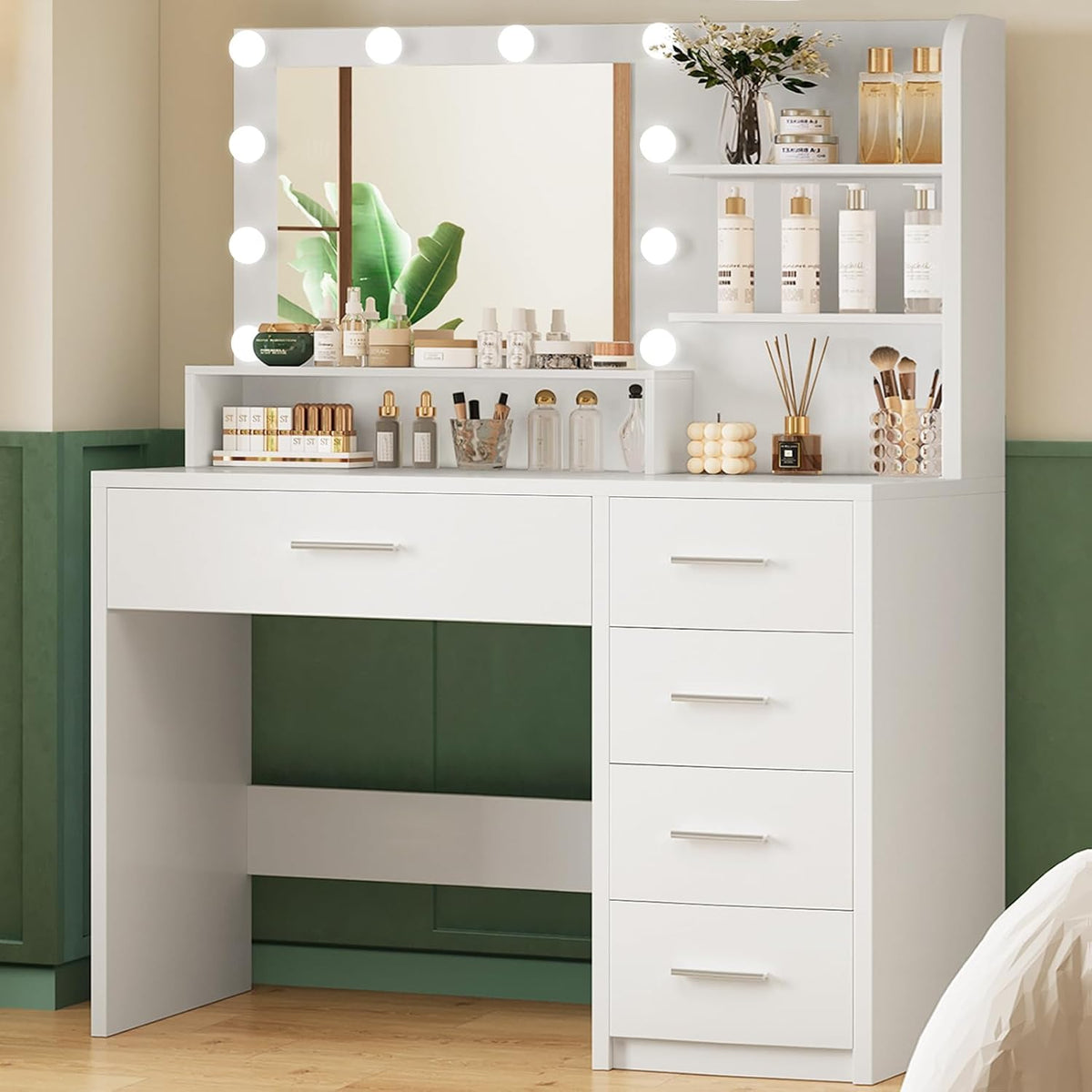 Quimoo Vanity Desk with Mirror & Lights, Makeup Vanity with 5 Drawers & Storage Shelves, White Vanity Table, 3 Color Modes & Adjustable Brightness