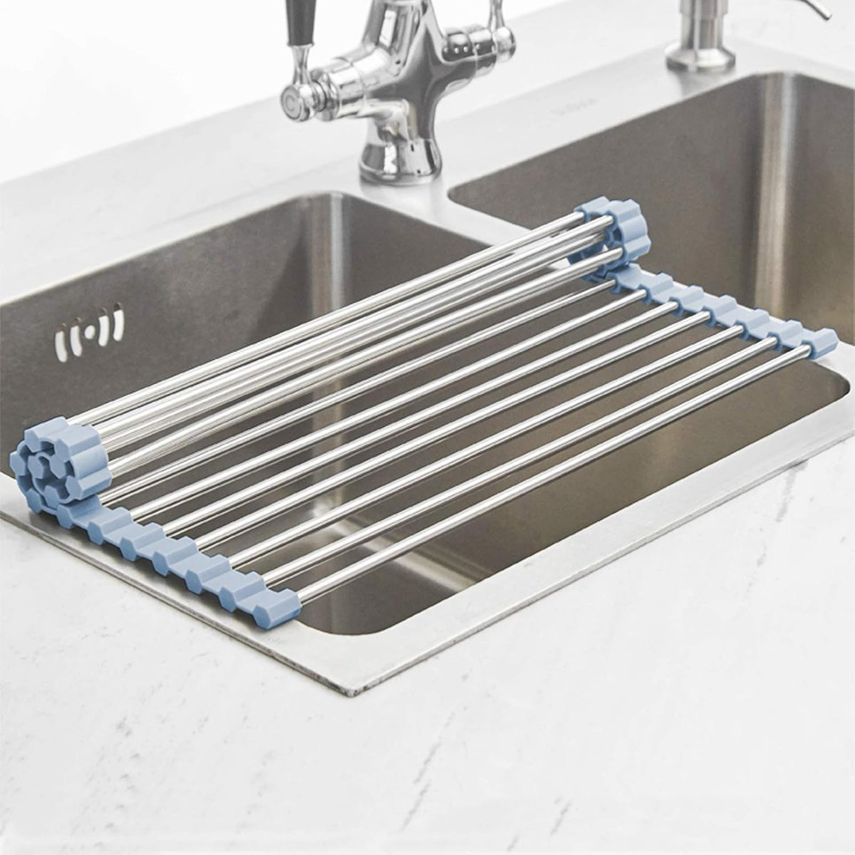 MECHEER Over The Sink Dish Drying Rack, Roll Up Dish Drying Rack Kitchen Dish Rack Stainless Steel Sink Drying Rack, Foldable Dish Drainer