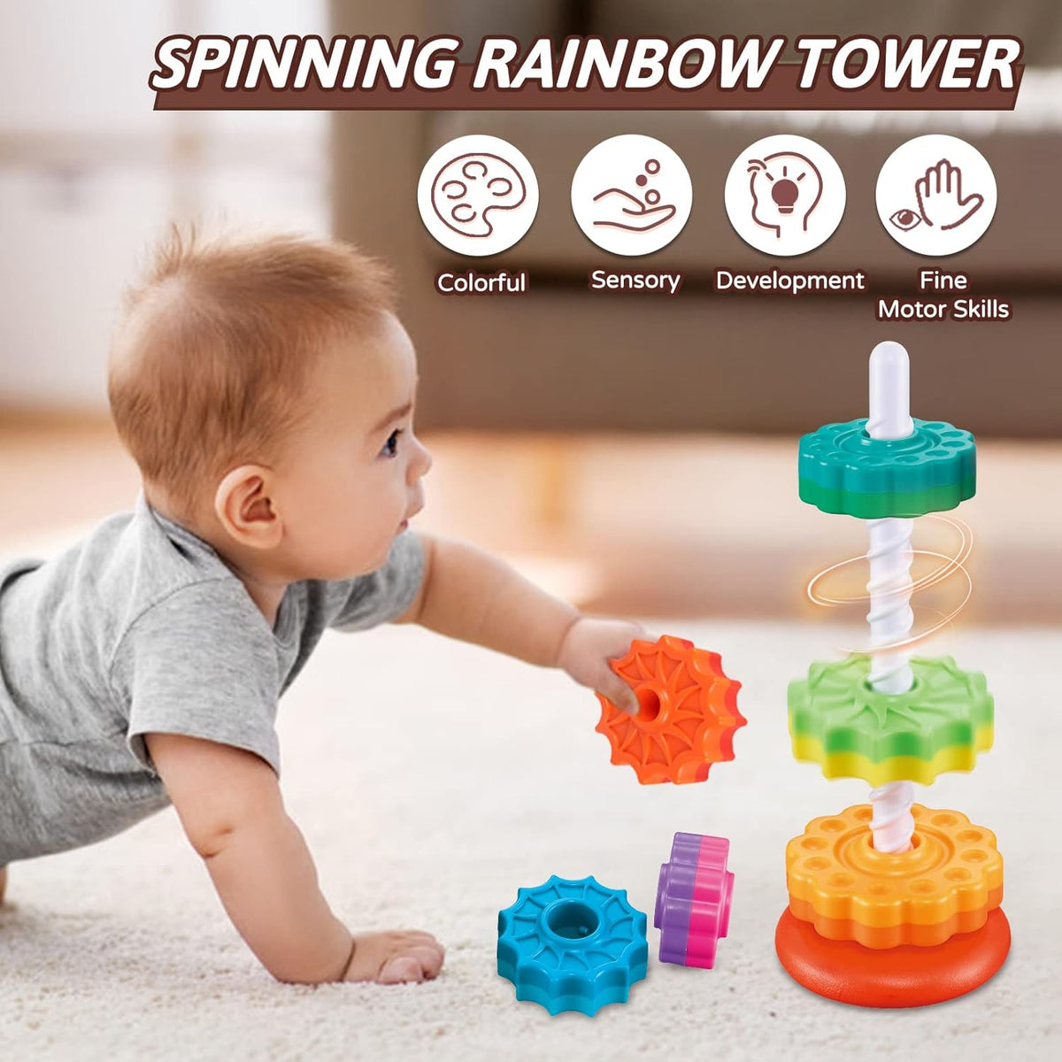 Baby Spinning Stacking Toys for Toddlers 1-3, Rainbow Ring Stacker Montessori Toys for Babies 6-12 Months, 1 2 3 One Year Old Girl Boy Birthday