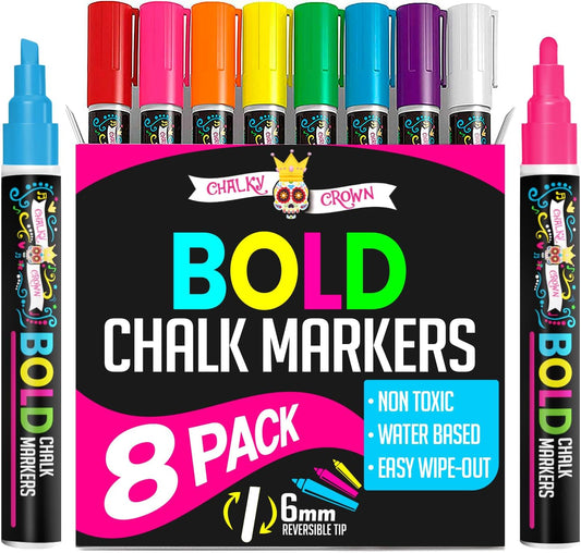 Liquid Chalk Markers for Blackboards - Bold Color Dry Erase Marker - Chalk Markers for Chalkboard Signs, Windows, Blackboard, Glass - 6mm Reversible