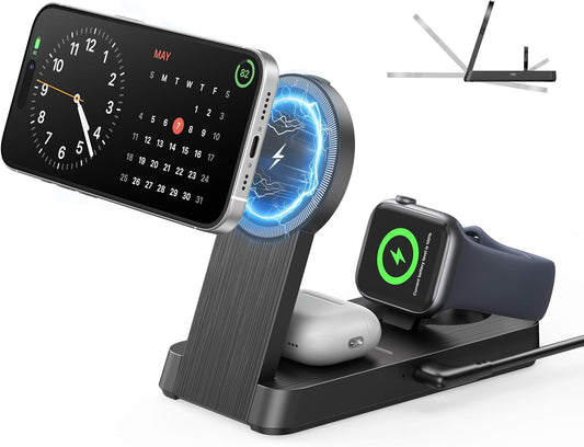 3 in 1 Magnetic Wireless for iPhone Charging Station: Foldable Portable Charger for iPhone 17-12 Pro Max & Apple Watch & AirPods, for Apple Multiple