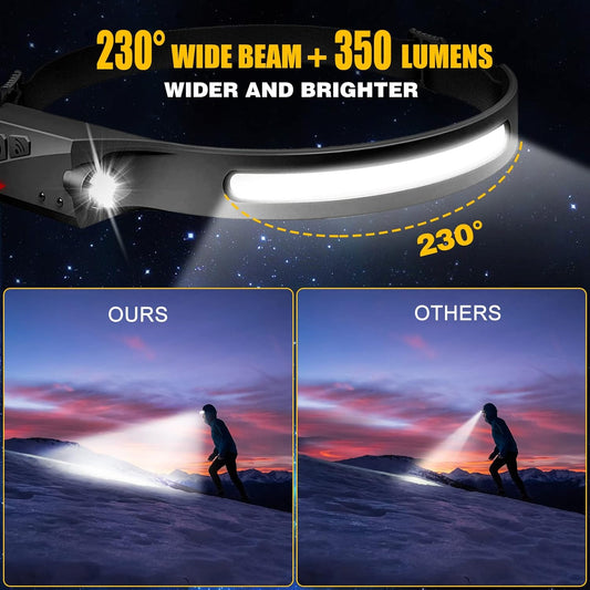 Headlamp Rechargeable, 230° Wide Beam Head Lamp LED with Motion Sensor for Adults - Camping Accessories Gear, Waterproof Head Light Flashlight for