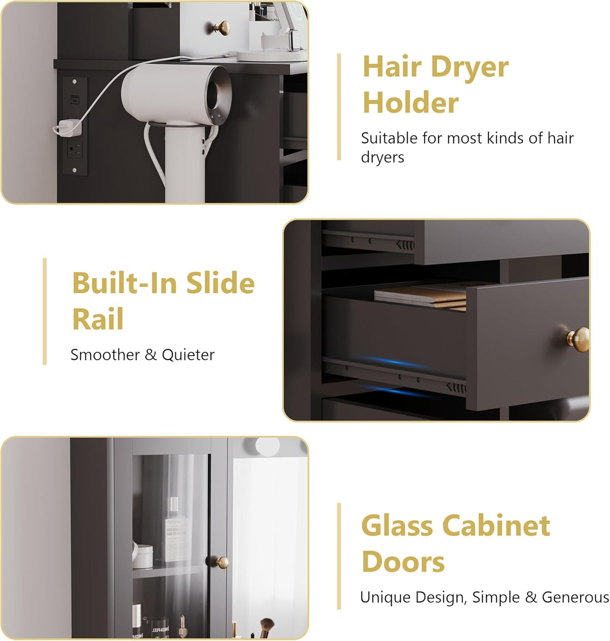 Makeup Vanity Desk with Mirror and Lights, Black Vanity Table Set with Storage Drawers, Charging Station, Cabinets & Chair, Large Dressing Table with