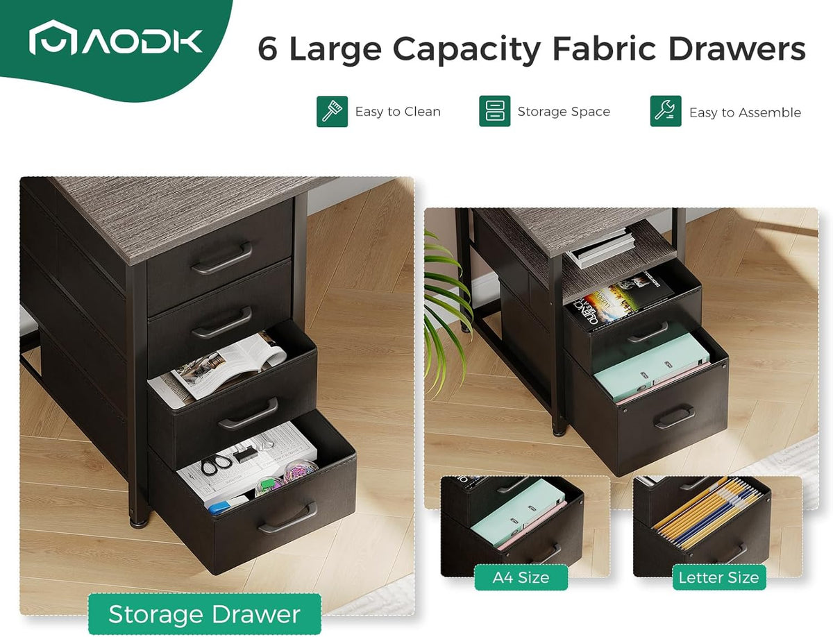 AODK 66" L Shaped Desk, 113" Computer Desk with File Cabinet & 4 Fabric Drawers, Home Office Desk with Monitor Shelf & Power Outlet, Two Person Desk