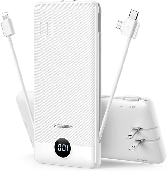 VEGER Portable Charger for iPhone Built in Cables and Wall Plug, 10000mah Slim Fast Charging USB C Power Bank, Travel Essential Battery Pack