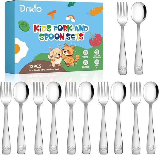 DRKIO Stainless Steel Toddler Utensils Set - 12 Pieces Kids Silverware Set Children Safe Food Grade Small Forks and Spoons Dishwasher Safe Mirror