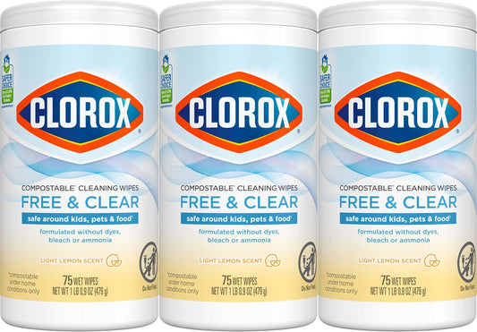 Clorox Free & Clear Cleaning Wipes, Light Lemon Scent, 75 Count, Pack of 3 (Pack May Vary)
