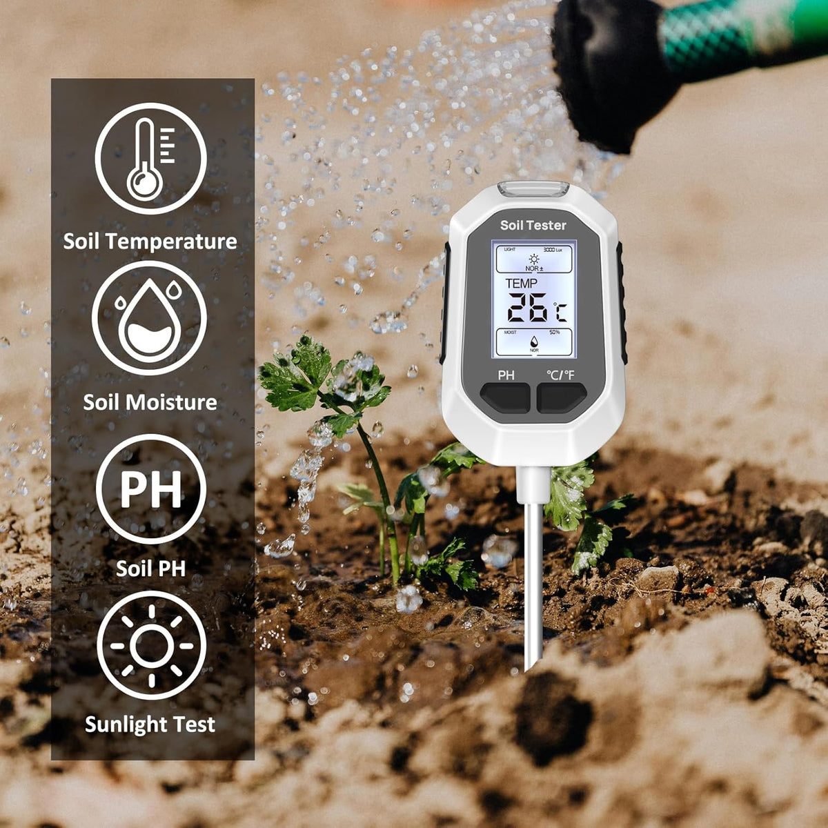4-in-1 Soil Moisture Meter, Digital Plant Temperature/Soil Moisture Test & PH Meter/Sunlight Intensity, Backlight LCD Display for Gardening, Farming