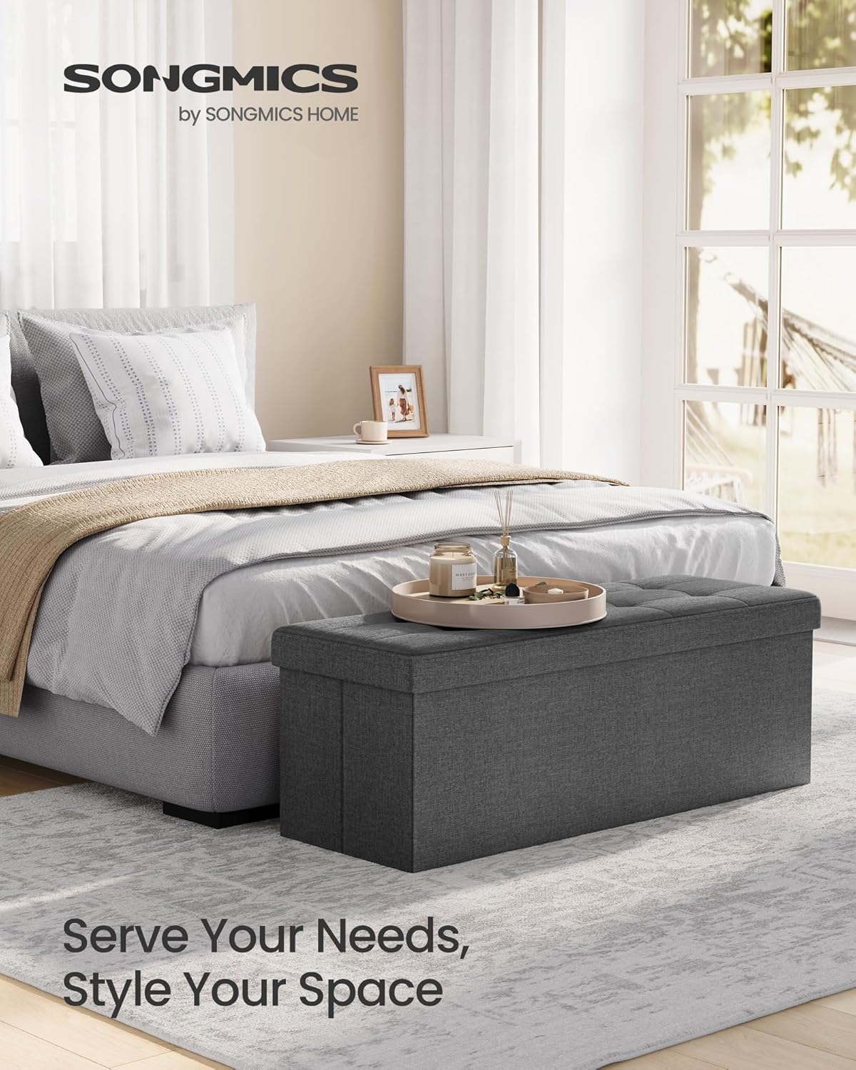 SONGMICS MAZIE Collection - 43 Inches Folding Storage Ottoman Bench, Ottoman Foot Rest, End of Bed Bench, Storage Chest, Load 660 lb, for Living