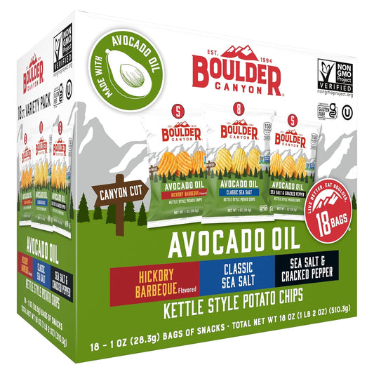 Boulder Canyon Avocado Oil Kettle Style Potato Chips Variety Pack, 18 Count - Gluten-Free, Non-GMO, Hickory Barbecue, Classic Sea Salt, Sea Salt