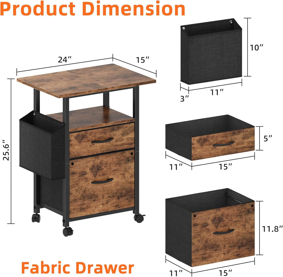 GYIIYUO 2 Drawer File Cabinet with 24'' Extended Desktop, Mobile Filing Cabinet, Rolling File Cabinet with Side Bag, Fabric Drawer, Fits A4/Letter