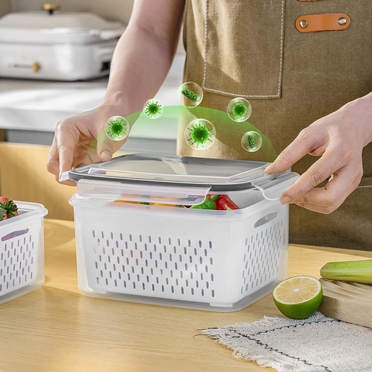 Freshmage Fruit Storage Containers for Fridge with Removable Colander, Airtight Food Storage Container, Dishwasher Safe Produce Saver for