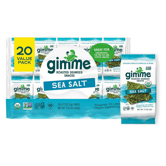 Gimme Seaweed Organic Premium Roasted Seaweed Snacks, Sea Salt, 20 Count, Keto, Vegan, Gluten-Free, Great Source of Omega3s and Iodine, Healthy