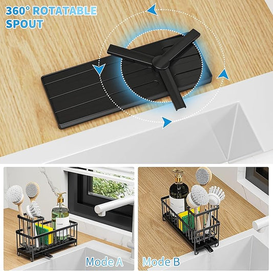 Cisily Black Sponge Holder for Kitchen Sink, Sink Caddy Organizer with High Brush Holder, Kitchen Countertop Organizers and Storage Essentials